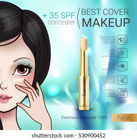 Concealer stick ads. Vector Illustration with Manga style girl and  foundation Concealer.
