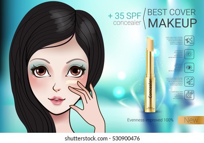 Concealer stick ads. Vector Illustration with Manga style girl and  foundation Concealer.