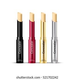 Concealer stick in different color of container. Vector illustration realistic foundation product.