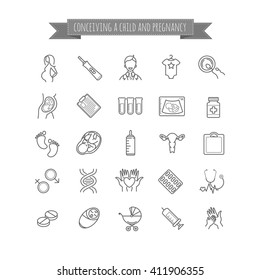 Conceiving A Child And Pregnancy Vector Web Icons Set. Healthy Pregnancy, Obstetrics, Gynaecology Thin Line Icons