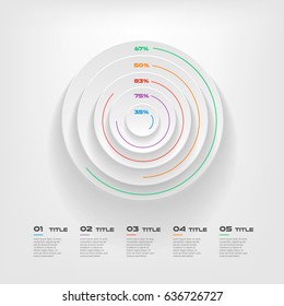 Concentrate chart, color infographics step by step in a series of circle. Element of chart, graph, diagram with 5 options - parts, processes. Vector business template for presentation