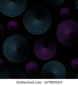 Concentrated blue and violet circles pattern on black. Vector repeating abstract background for textile, fabrics, wallpaper, print, cover, backdrop, surface, banner, package design