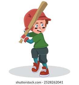 concentrated boy holding a baseball bat, wearing glove and helmet, vector illustration.