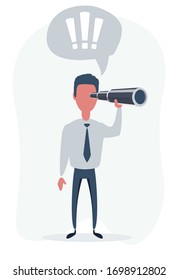 Concentrated businessman looking through the spyglass. Business vision and perspective planning concept. Vector illustration of a flat design.