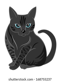Concentrated cat looking at you. Portrait of sitting cat, concentrated and strained on looking at you. Body is isolated on white. Vector elements are grouped. 