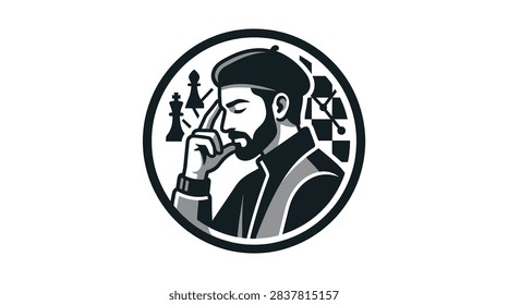 Concentrated chess player thinking with pieces in circular logo