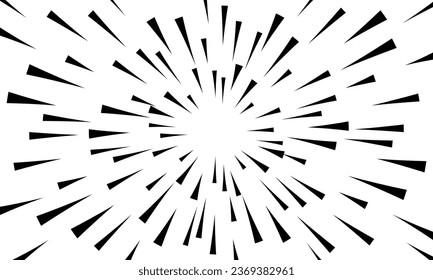 Concentrated comic lines, speed monochrome background. Cartoon zoom effect for anime or manga book. Superhero or explosion action frame. Black converging rays or strips.
