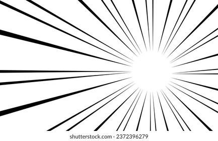 Concentrated comic lines, speed monochrome background. Cartoon zoom effect for anime or manga book. Superhero or explosion action frame. Black converging rays.