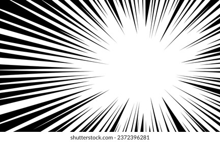 Concentrated comic lines, speed monochrome background. Cartoon zoom effect for anime or manga book. Superhero or explosion action frame. Black converging rays.