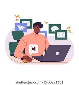 Concentrated employee turns off notifications on smartphone. Message notices annoy, disturb focused worker from work, task. Attention concentration concept. Flat isolated vector illustration on white