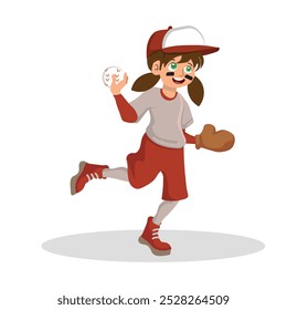 concentrated girl holding a baseball, wearing glove and cap, vector illustration.