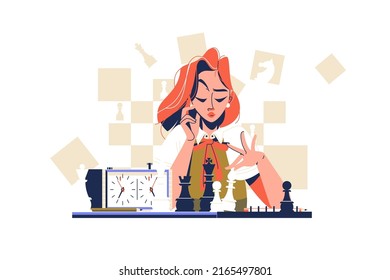 Concentrated girl play chess alone vector illustration. Young woman competing in chess flat style. Leisure activity, royal gambit, chess game concept. Isolated on white background