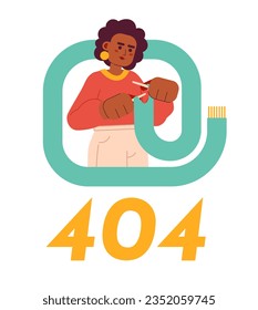 Concentrated lady knitting warm scarf error 404 flash message. Handicraft hobby. Empty state ui design. Page not found popup cartoon image. Vector flat illustration concept on white background