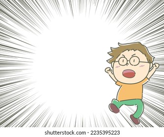 Concentrated line background with angry jumping glasses boy and text space