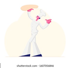 Concentrated Man Chef In White Uniform Spinning Dough On Hand At Kitchen. Professional Baker Preparing Pizza In Italian Cafe Or Bakery Shop. Restaurant Staff Working. Cartoon Flat Vector Illustration