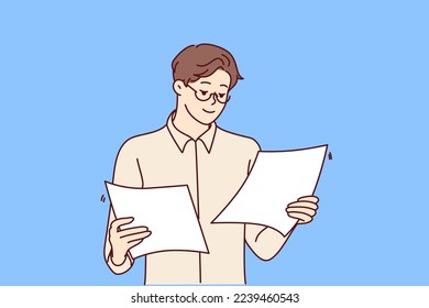 Concentrated man holding two sheets of paper in hands reading report for company management. Successful guy office worker in white shirt is standing studying documentation. Flat vector design  svg
