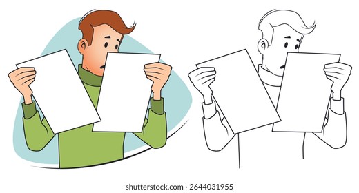 Hombre concentrado trabajador de oficina sosteniendo dos sábanas. Plantilla para mensajes de texto, Sitio web, página de destino del Web, presentación, redes sociales, promoción o medios impresos. 