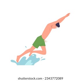 Concentrated man swimmer character in swim shorts and eye goggles jumping to sea or pool water