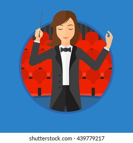 Concentrated Orchestra Conductor Directing With Baton. Young Woman Conducting An Orchestra On The Background Of Concert Hall. Vector Flat Design Illustration In The Circle Isolated On Background.