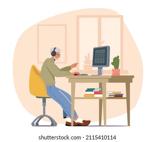 Personaje masculino concentrado de color gris-haitiano sentado en el escritorio con mensaje de tipografía de Pc o surf en las redes. Hombre mayor, abuelo aprendiendo y usando nuevas tecnologías. Ilustración del vector de dibujos animados