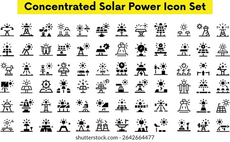Concentrated Solar Power Icon Set, collection, sketches, logo illustrations, web symbols, outline style pictograms package isolated on white background. Vector graphics. stock illustration