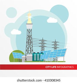 Concentrated Solar Power Station. Colorful Illustration In A Flat Style. System With Concentrator Photovoltaics,  Electrical  Generator And Solar Power Tower