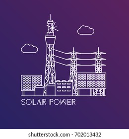 Concentrated Solar Power Station. Colorful Illustration In A Flat Style. System With Concentrator Photovoltaics, Electrical Generator And Solar Power Tower. One Line Design With Editable Stroke