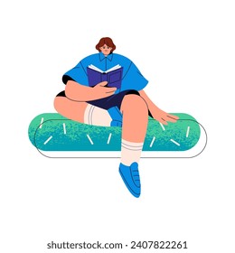 Concentrated student is interested in learning literature. Young man reading fiction story. Smart guy studies from paper book. Education concept. Flat isolated vector illustration on white background