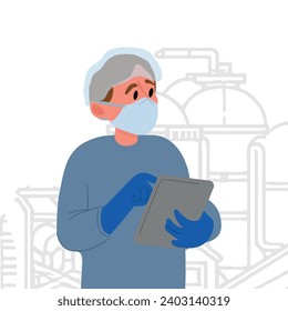 Concentrated technologist expert in white suit controlling production in food factory.