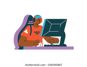 Concentrated teenage boy plays video game during e-sport tournament, flat vector illustration isolated on white. Man playing video games on computer.