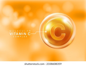 Concentrated vitamin C molecules Floating in front of an isolated orange background. Food vitamin icon template and ascorbic acid natural extract. Advertise food supplements, cosmetics, multivitamins.