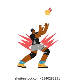 Jugador de voleibol concentrado preparándose para golpear el estilo de bola plana, ilustración vectorial aislada en fondo blanco. Diseño decorativo, estilo de vida activo y juego deportivo