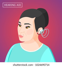 Concentrated woman with hearing aid inside ear with sound waves isometric composition on purple background vector illustration  