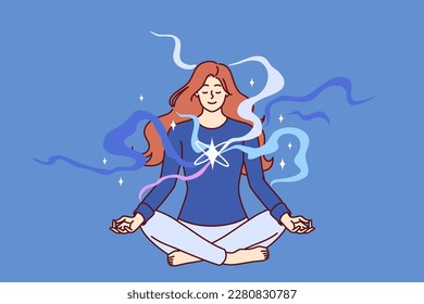 Mujer concentrada meditando con los ojos cerrados sentada en las piernas cruzadas en el suelo y haciendo pose de yoga lotus. Niña hace yoga disfrutando prácticas espirituales que abren chakras y atraen armonía 