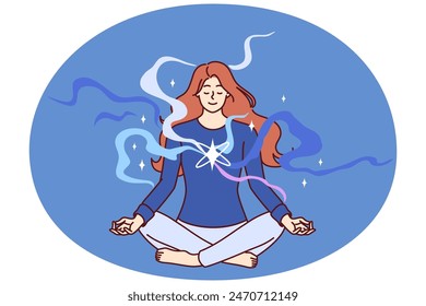 Concentrated woman meditating with closed eyes sitting cross-legged on floor and doing yoga lotus pose. Girl does yoga enjoying spiritual practices that open chakras and attract harmony