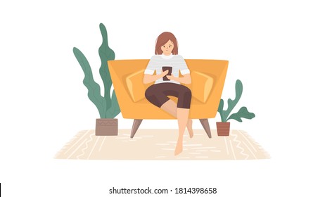 Concentrated woman sitting in the chair and watching in Smartphone. Social dependency concept template. Domestic room with house plants isolated on white background. Girl using a gadget.