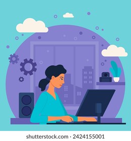 Concentrated woman working on her computer at home flat vector illustration. Gear wheels and clouds signs on background. Home office, freelance, remote work concept