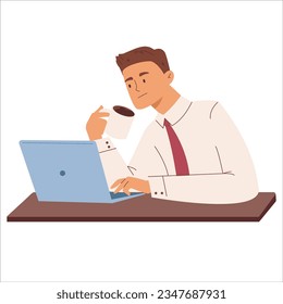 Concentrated worker sitting at table with laptop and cup of coffee. Deadline, intensive work, overtime, tense at work in office.