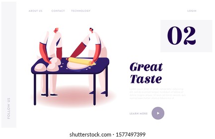Concentrated Workers in Uniform Kneading Dough on Factory Website Landing Page.Professional Bakers Prepare Bread on Table in Bakery Shop or Restaurant Web Page Banner. Cartoon Flat Vector Illustration