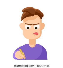 Concentrated writing cartoon brown haired young man isolated on white background
