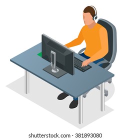 Concentrated young gamer in headphones and glasses using computer for playing game. Man looking at the laptop screen. Flat 3d isometric vector illustration. Workplace.