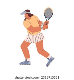 Concentrated young woman standing with tennis racket flat style, vector illustration isolated on white background. Game process, decorative design element, sport and hobby