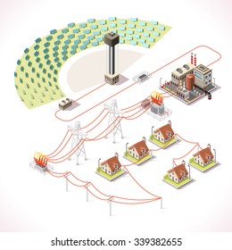 Concentrating Solar Power System Factory CSP Plant Farm Electric Station.Infographic Electricity Grid Supply Chain.Energy Harvesting Saving Management Diagram 3d Vector Isolated Isometric Building Set