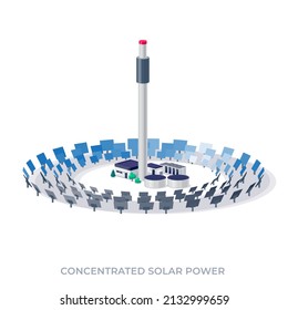 Concentrating Solar Thermal CST Power Plant Station. Renewable Concentrated CSP Sustainable Solar Park Energy Generation. Isolated Vector Illustration On White Background.