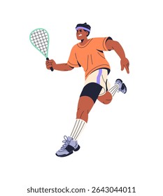 Concentrando jogador de squash corre com raquete. O atleta sério está correndo para acertar a bola com raquete. Esportista negro joga tênis de padela, jogo de esportes no tribunal. Ilustração de vetor isolado plano em branco