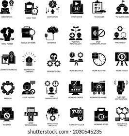 Concentration element black and white flat icon collection set