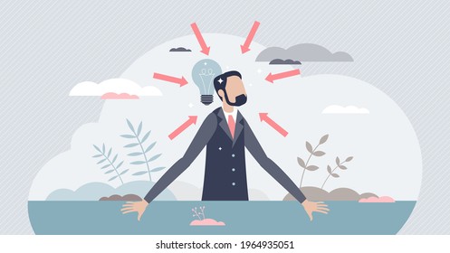 Concentration and focused mental energy for business goal tiny person concept. Mind energy productivity and control with effective moment awareness process vector illustration. All attention for work.