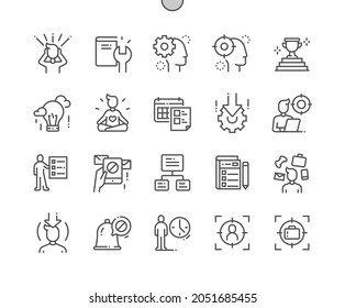 Concentration. Focused mind. Daily tasks, meditation, inspiration. Focus business. Pixel Perfect Vector Thin Line Icons. Simple Minimal Pictogram