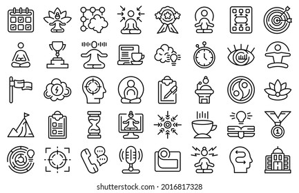 Concentration icons set outline vector. Yoga meditate. Mind relax