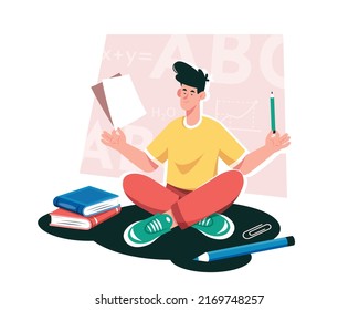 Concentration on learning. A young guy sits in a lotus position with a pencil and a blank sheet.The concept of learning and self-education.